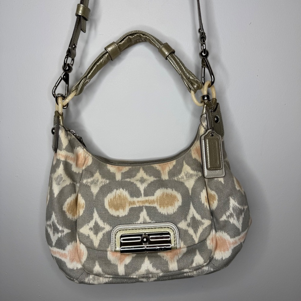 Coach Kristin Op Art Silver Gray Hobo Bag Canvas Leather Trim Silver Hardware